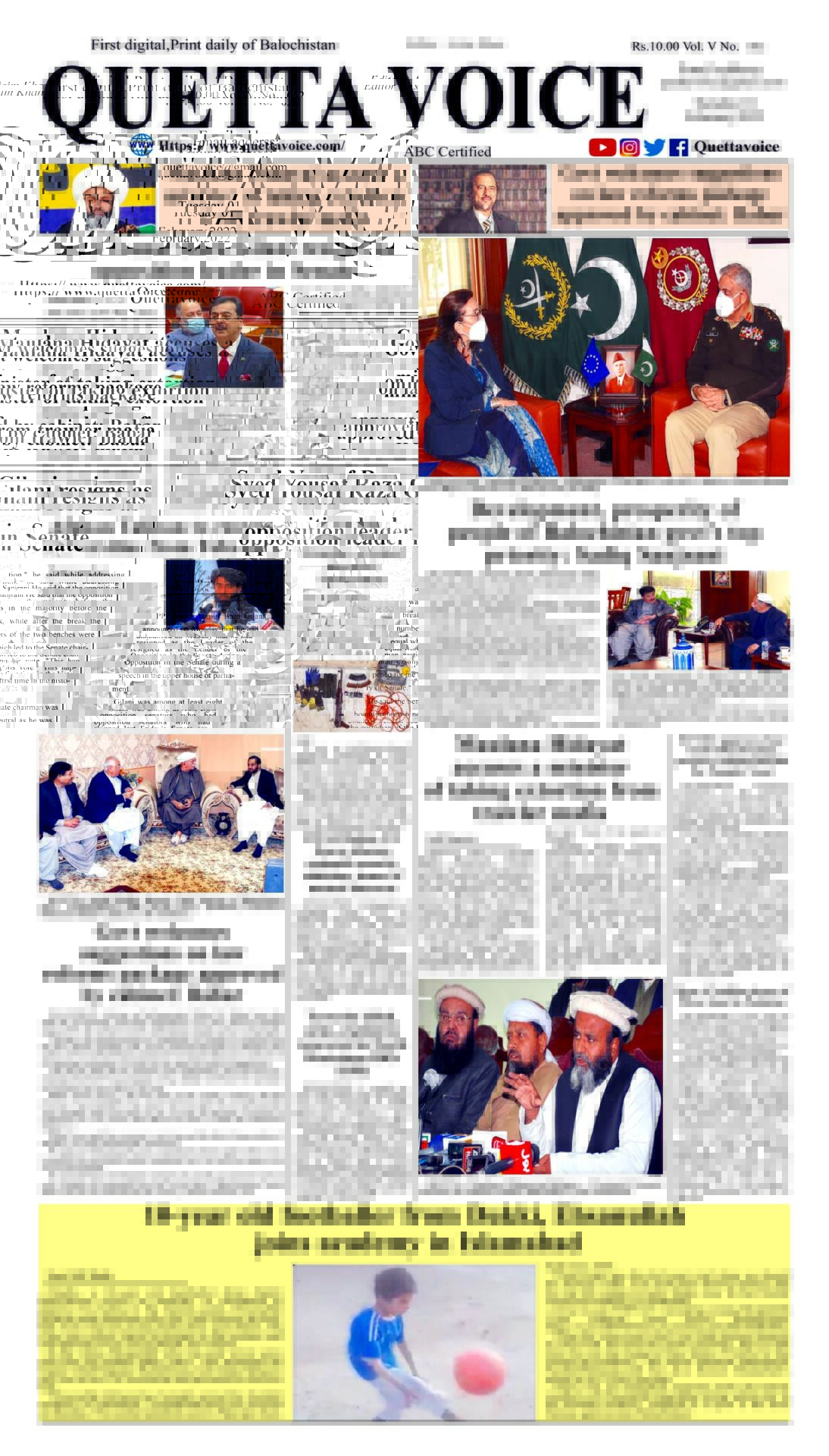 Today's Quetta Voice Newspaper, Tuesday, February 1, 2022