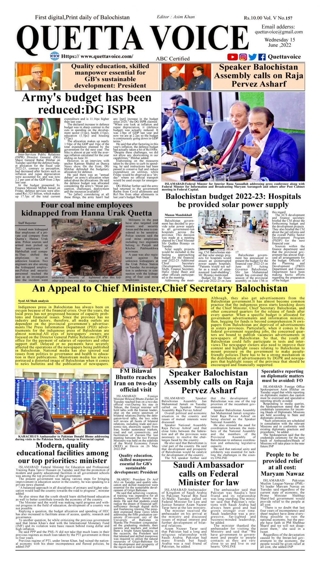 Quetta Voice Newspaper Wednesday June 15 2022