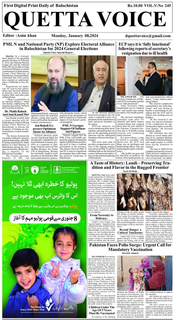 Quetta Voice Daily E-Paper: Latest News Updates Jan 8, 2024